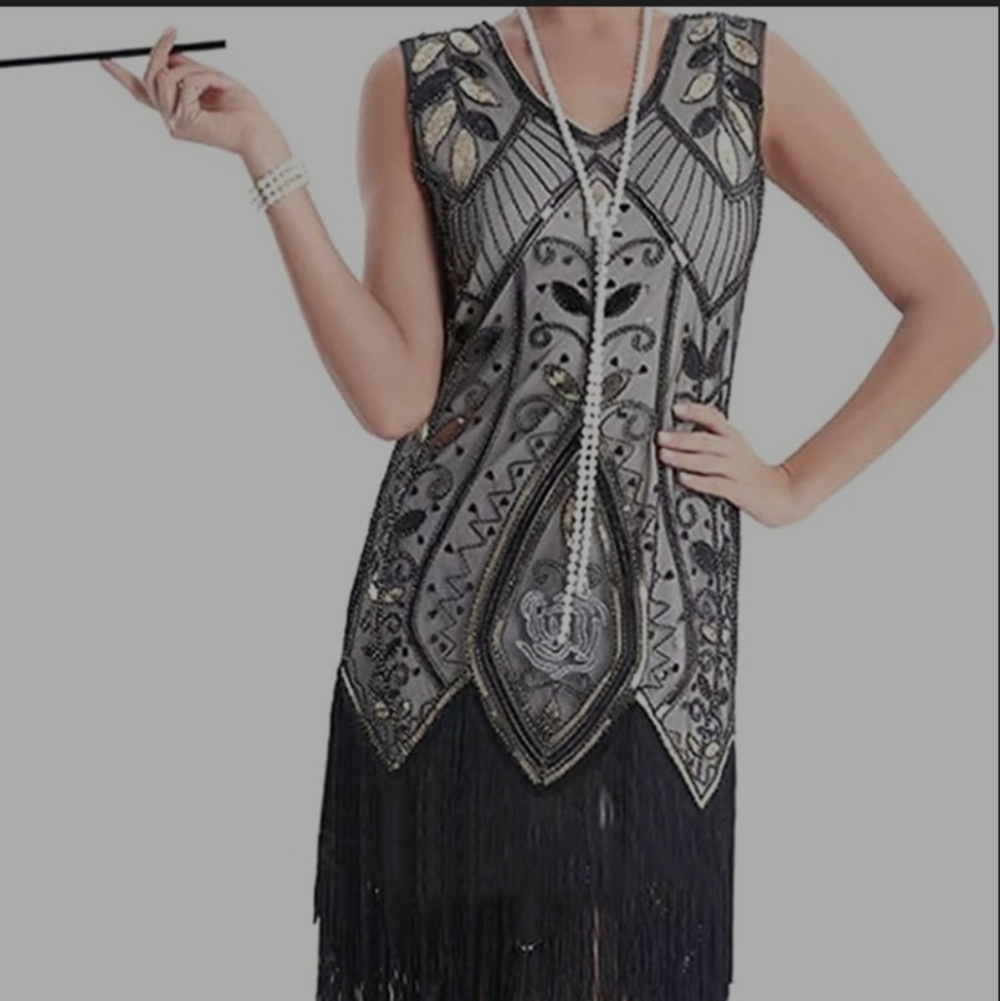 Metme 1920 Gatsby Flapper Black and Gold Beaded Dress NWT - Picture 9 of 10